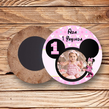 Bir Yaş Minnie Mouse Temalı Resimli Daire Ahşap Magnet