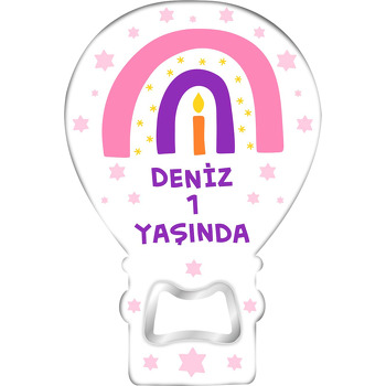 Bir Yaş Mumlu Pembe Gökkuşağı Temalı Balon Magnet Açacak