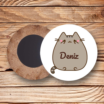 Cat Pusheen Temalı Daire Ahşap Magnet