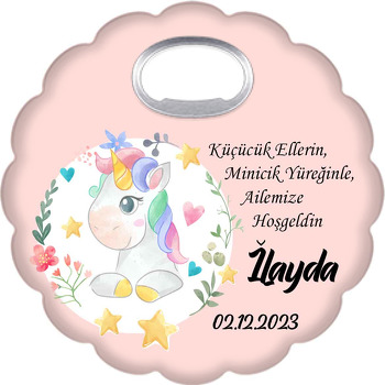 Çiçek Çerçevede Unicorn ile Yavruağzı Fon Temalı Çiçek Şekilli Magnet Açacak