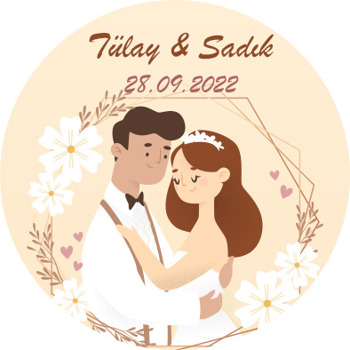 Çiçekler İçerisinde Gelin Damat ile Krem Fon Temalı Sticker