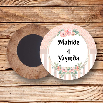 Çiçekli Çerçeve ile Somon Desen Temalı Daire Ahşap Magnet