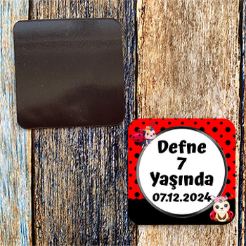 Çiçekli Uğur Böceği Temalı Doğum Günü Kare Magnet