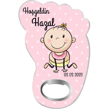 Çizgisel Bebek ile Pembe Puantiye Fon Temalı Ayak İzi Magnet Açacak