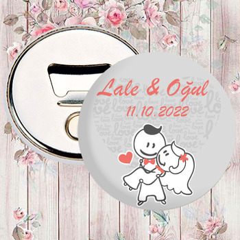 Çizgisel Gelin Damat ile Gri Love Fon Temalı Magnet Açacak