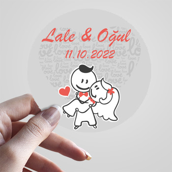 Çizgisel Gelin Damat ile Gri Love Fon Temalı Sticker