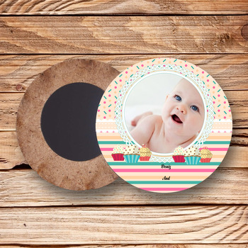 Cup Cake Temalı Resimli Ahşap Daire Magnet