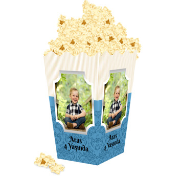 Damask Mavi ve Krem Çizgiler Temalı Popcorn Kutusu