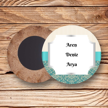 Damask Yeşil ve Krem Çizgiler Temalı Ahşap Daire Magnet