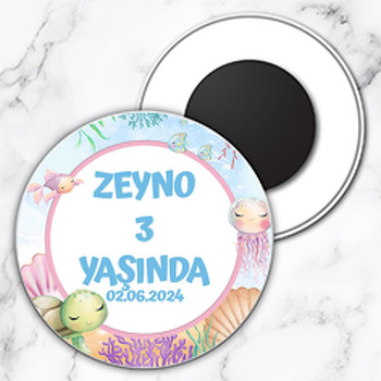 Denizaltı ile Pembe Çerçeve Temalı Daire Plastik Magnet