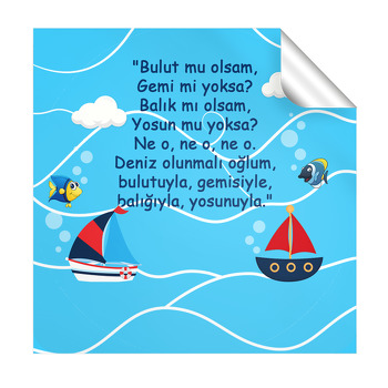 Denizde Balıklar ve Gemiler ile Şiir Temalı Hoşgeldin Kare Hediyelik Sticker