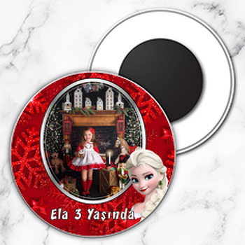 Elsa Yılbaşı Kırmızı Fon Temalı Resimli Daire Plastik Magnet