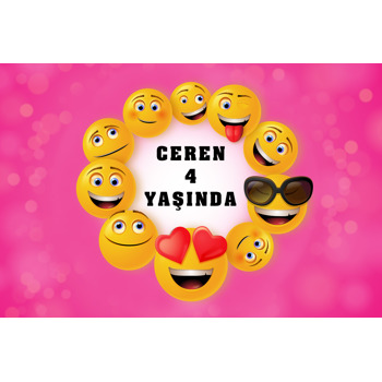 Emoji Çerçeve ile Pembe Fon Temalı Doğum Günü Magnet Temalı Doğum Günü Magnet