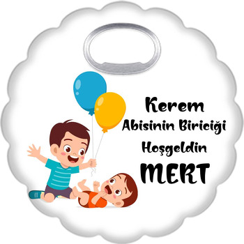 Erkek Kardeşler ile Mavi Sarı Balon Temalı Çiçek Şekilli Magnet Açacak