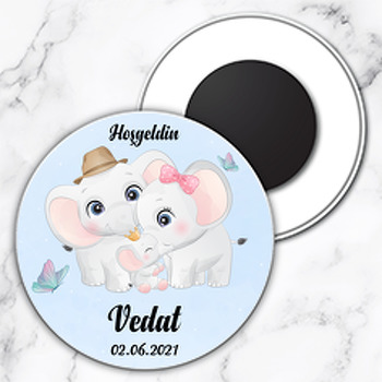 Fil Ailesi Mavi Fon Temalı Daire Plastik Magnet