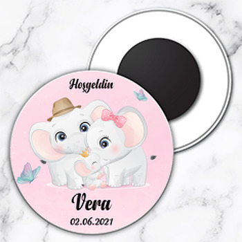 Fil Ailesi Pembe Fon Temalı Daire Plastik Magnet