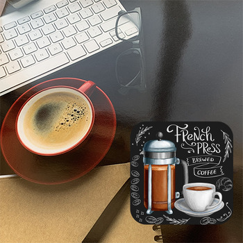 French Press ile Kahve Temalı bardak Altlığı