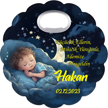 Gece Yıldızları ile Gökyüzünde Uyuyan Çocuk Temalı Çiçek Şekilli Magnet Açacak