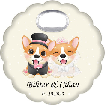 Gelin Damat Corgi Köpekler Temalı Çiçek Şekilli Magnet Açacak