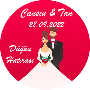 Gelin Damat ile Kırmızı Fonda Buket Temalı Akrilik Daire Magnet