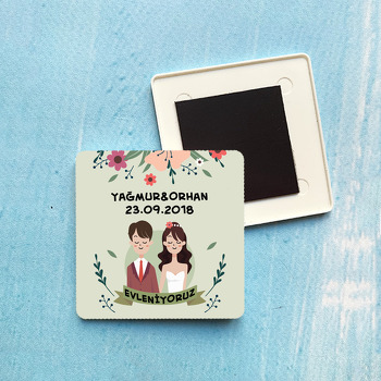 Gelin damat ve  Çiçek Desenli Nikah Temalı Kare Plastik Kare Magnet