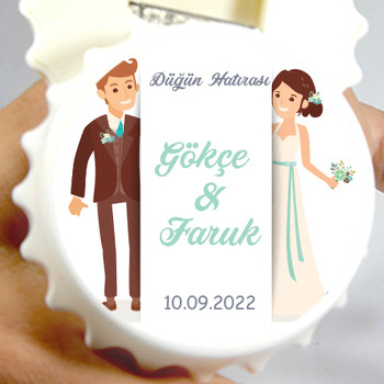 Gelin ile Damat ile Beyaz Şerit Temalı Kapak Şekilli Magnet Açacak