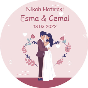 Gelin ile Damat ile Kalp Çiçek Çelenk Temalı Sticker