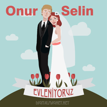 Gelin ve Damat Gül Desenli Evleniyoruz Temalı    Kare Parti Afiş