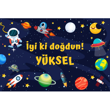 Gezegenler ile Sevimli Astronot Temalı Doğum Günü Afiş