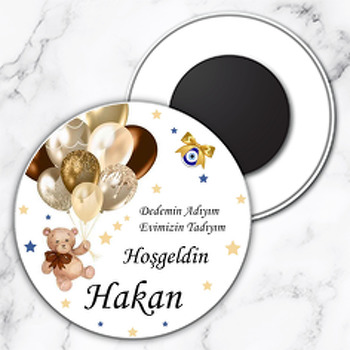 Gold Balonlu Ayıcık Yıldız Fon Temalı Daire Plastik Doğum Günü Magnet