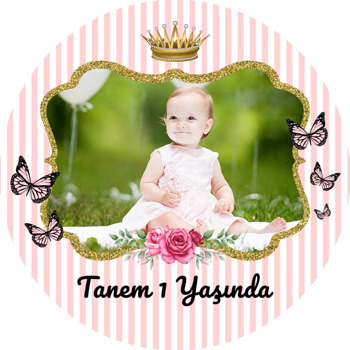 Gold İncili Taç ile Pembe Kelebekler Temalı Sticker