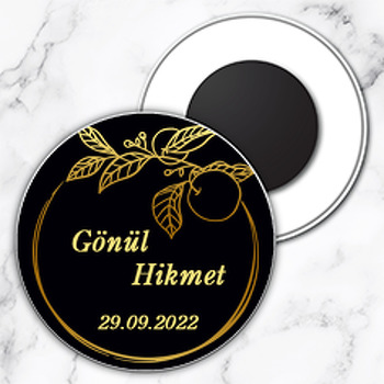 Gold Kiraz Dalları ile Siyah Fon Temalı Daire Plastik Magnet