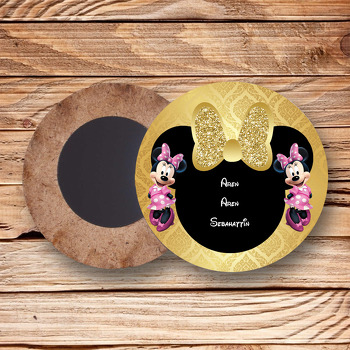 Gold Simli Minnie Mouse Temalı Ahşap Daire Magnet