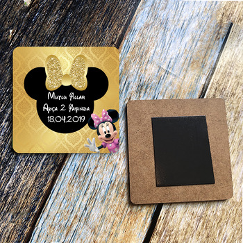 Gold Simli Minnie Mouse Temalı Ahşap Kare Magnet