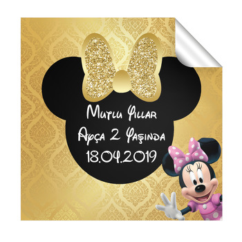 Gold Simli Minnie Mouse Temalı Kare Etiket