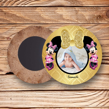 Gold Simli Minnie Mouse Temalı Resimli Ahşap Daire Magnet