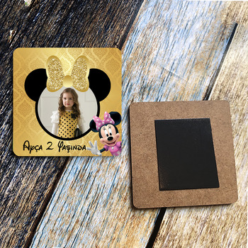 Gold Simli Minnie Mouse Temalı Resimli Ahşap Kare Magnet