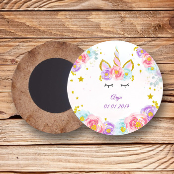 Gold Simli Unicorn Temalı Ahşap Daire Magnet