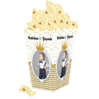 Gold Zeminli Simli Taç Temalı Popcorn Kutusu