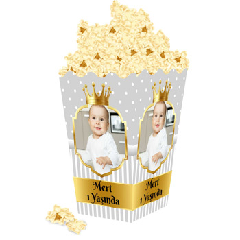 Gri Beyaz Puantiye ile Gold Çerçeve Temalı Popcorn Kutusu