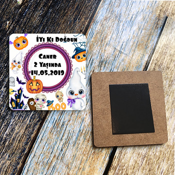 Halloween Boo Temalı Ahşap Kare Magnet