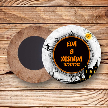 Halloween Temalı Ahşap Daire Magnet