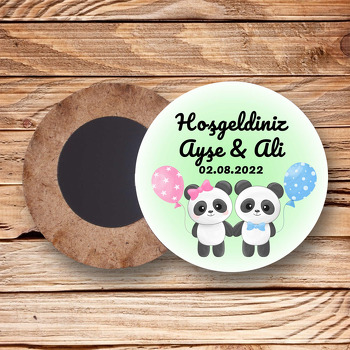 İkiz Kız Erkek Panda Temalı Daire Ahşap Magnet