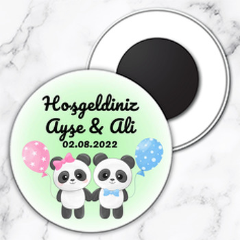 İkiz Kız Erkek Panda Temalı Daire Plastik Magnet