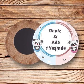 İkiz Panda Temalı Daire Ahşap Magnet