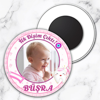 İlk Dişim Pembe Temalı  Resimli Daire Plastik Magnet