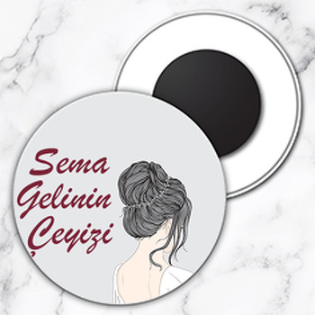 İnci Taçlı Gelin Temalı Daire Plastik Magnet