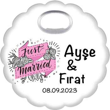 Just Married Pembe Flama Temalı Çiçek Şekilli Magnet Açacak