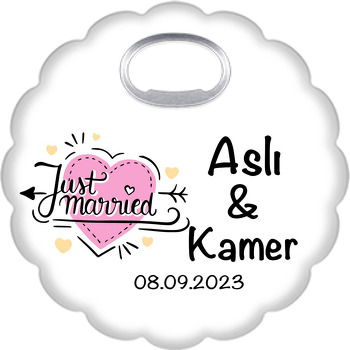 Just Married Pembe Kalp Temalı Çiçek Şekilli Magnet Açacak