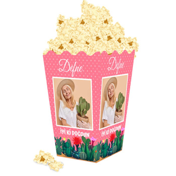 Kaktüs ile Pembe Puantiye Fon Temalı Popcorn Kutusu